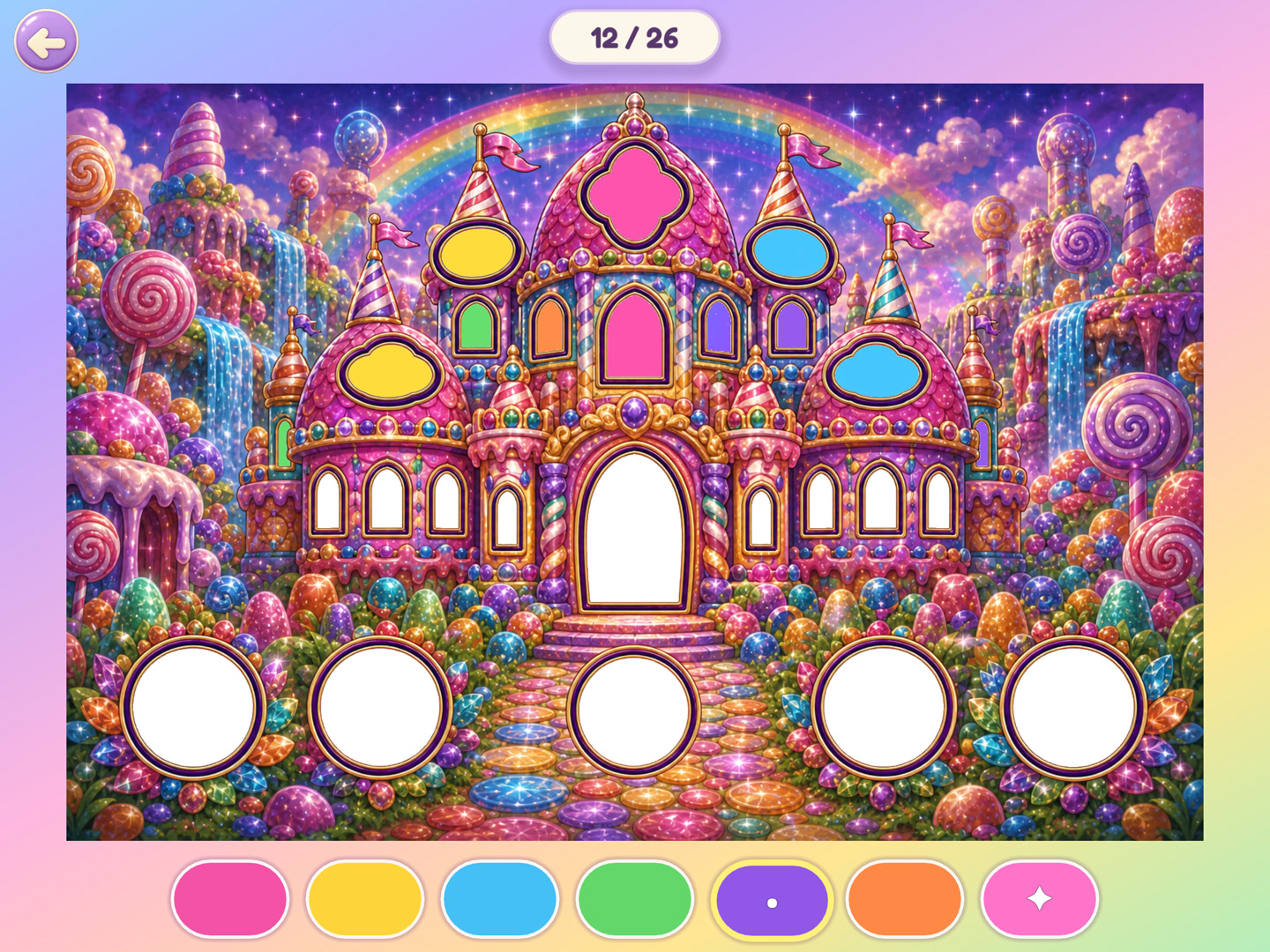 Actual game: a full-screen coloring scene with a row of bright colors to choose from