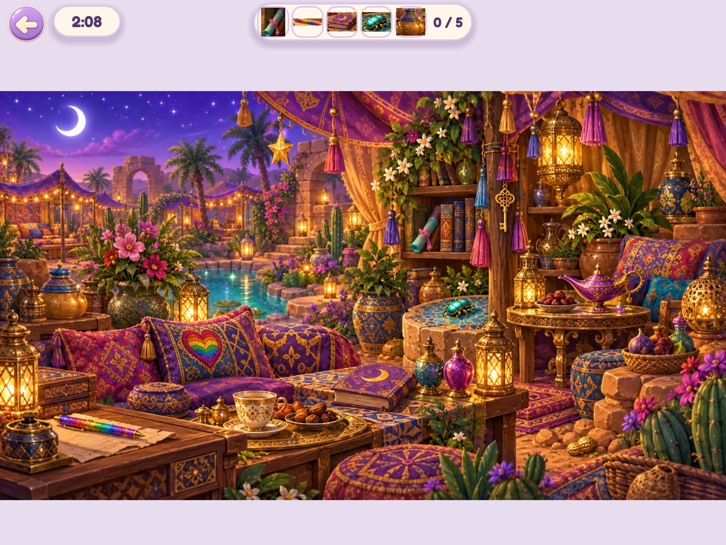 Actual game: search a richly detailed desert courtyard for the treasures shown at the top